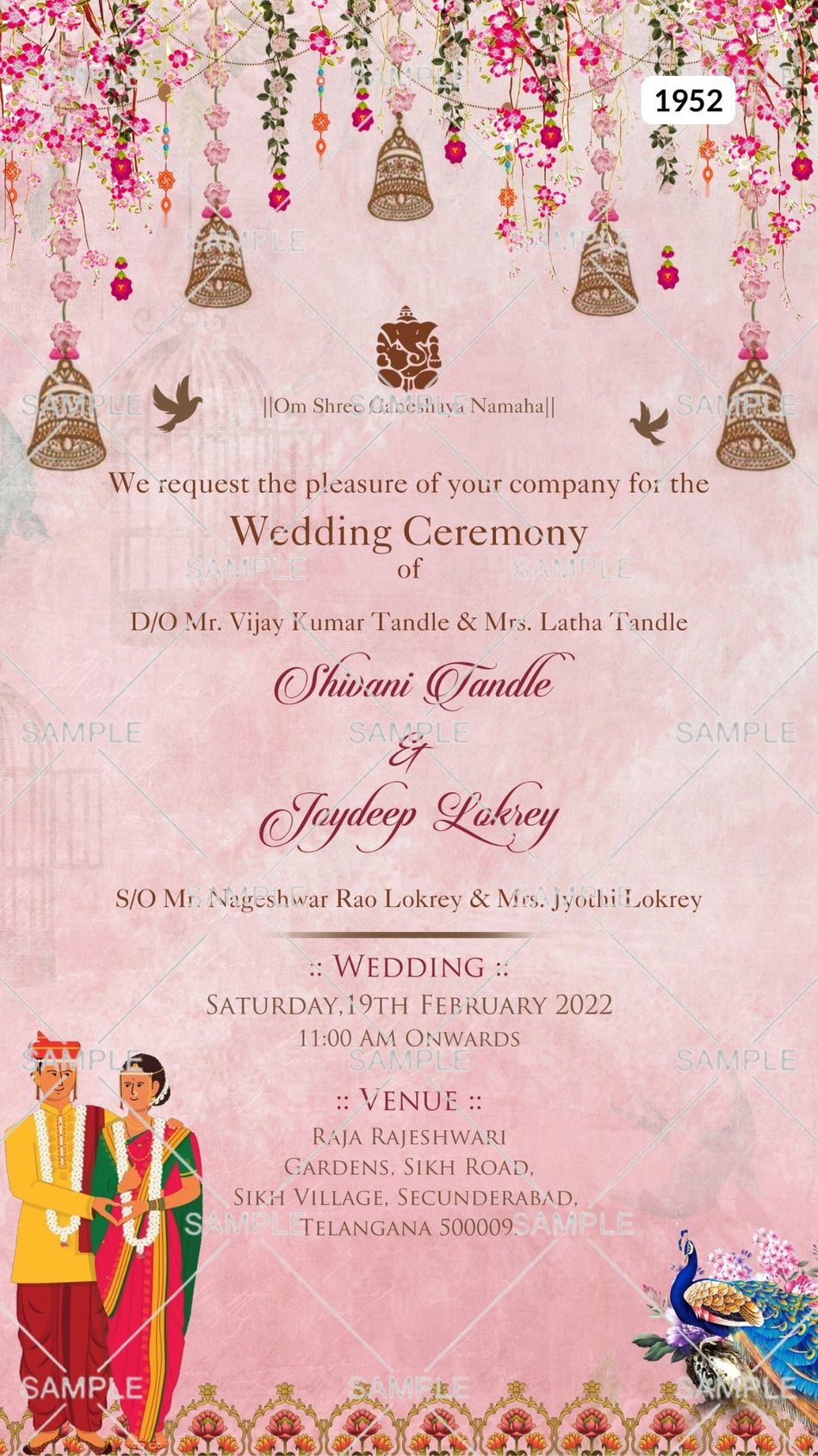 Wedding ceremony invitation card Canva Editable Template of hindu south indian telugu family in english language with traditional theme design 1952