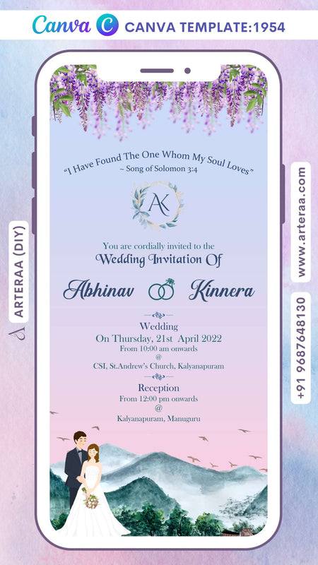 Wedding ceremony invitation Canva Editable video Template of hindu south indian tamil family in english language with mountain theme design 1954