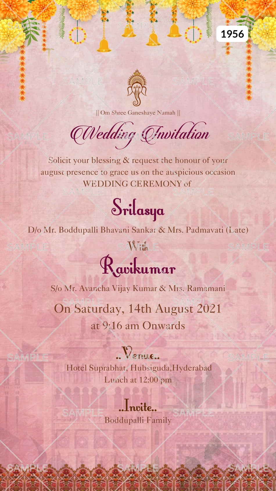 Wedding ceremony invitation card Canva Editable Template of hindu south indian telugu family in english language with traditional theme design 1956