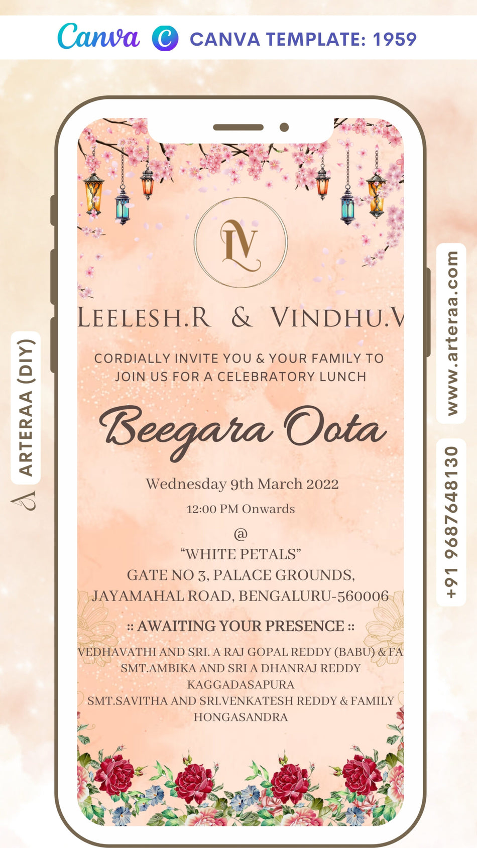 Beegara oota invitation card Canva Editable Template in english language with couple logo, lantern as floral theme design 1959