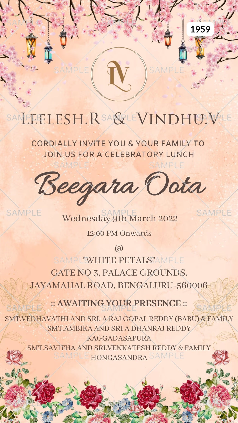 Beegara oota invitation card Canva Editable Template in english language with couple logo, lantern as floral theme design 1959