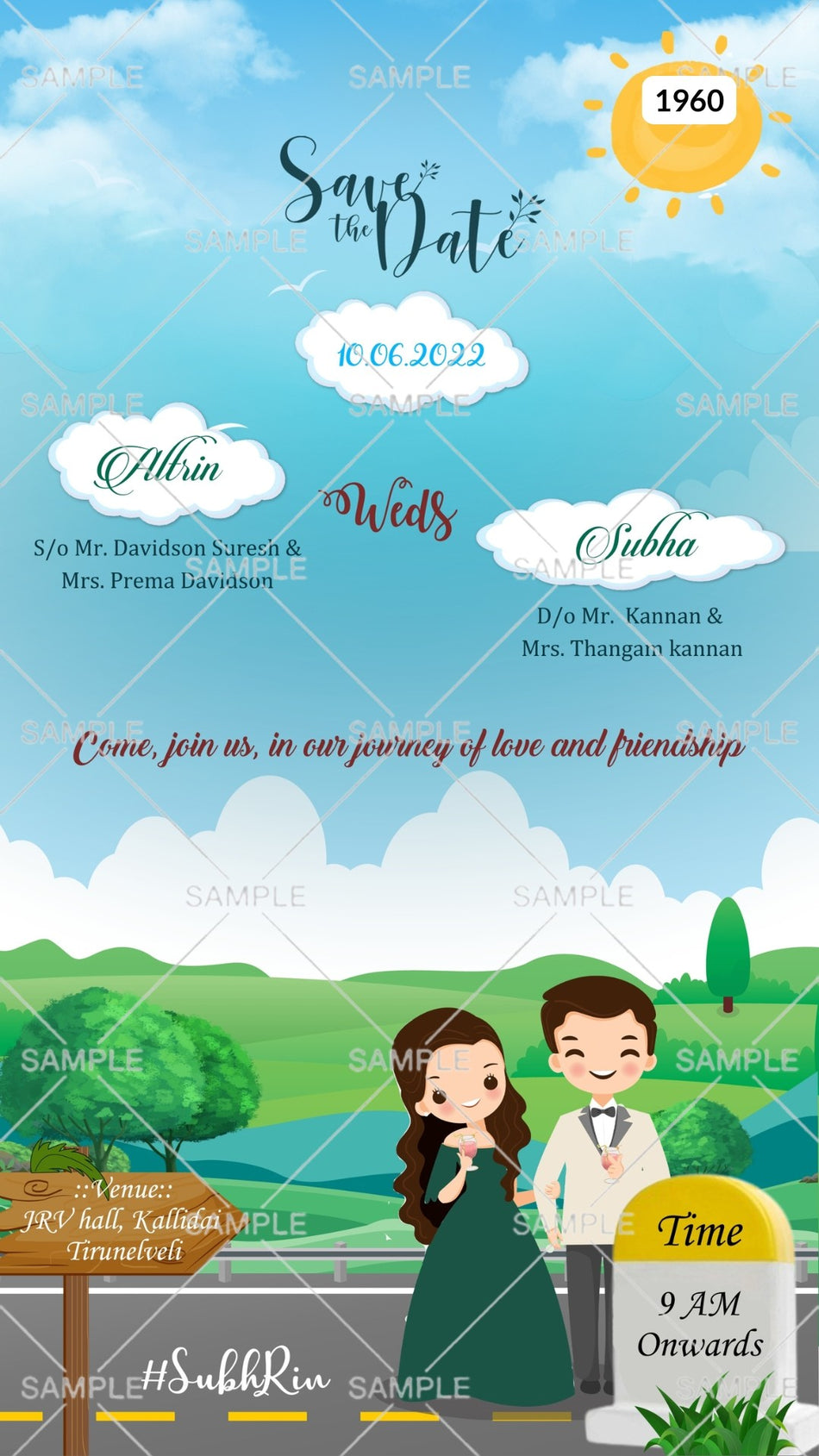Wedding ceremony invitation card Canva Editable Template of hindu south indian tamil family in english language with mountain theme design 1960