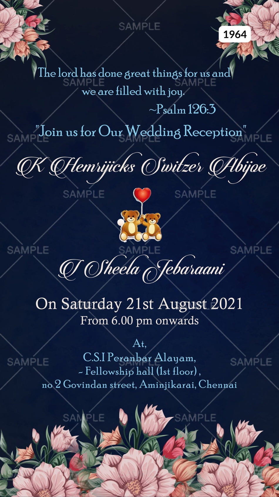 Bible verse Christian wedding ceremony invitation card Canva Editable Template of Catholic church family in english language with Floral theme design 1964