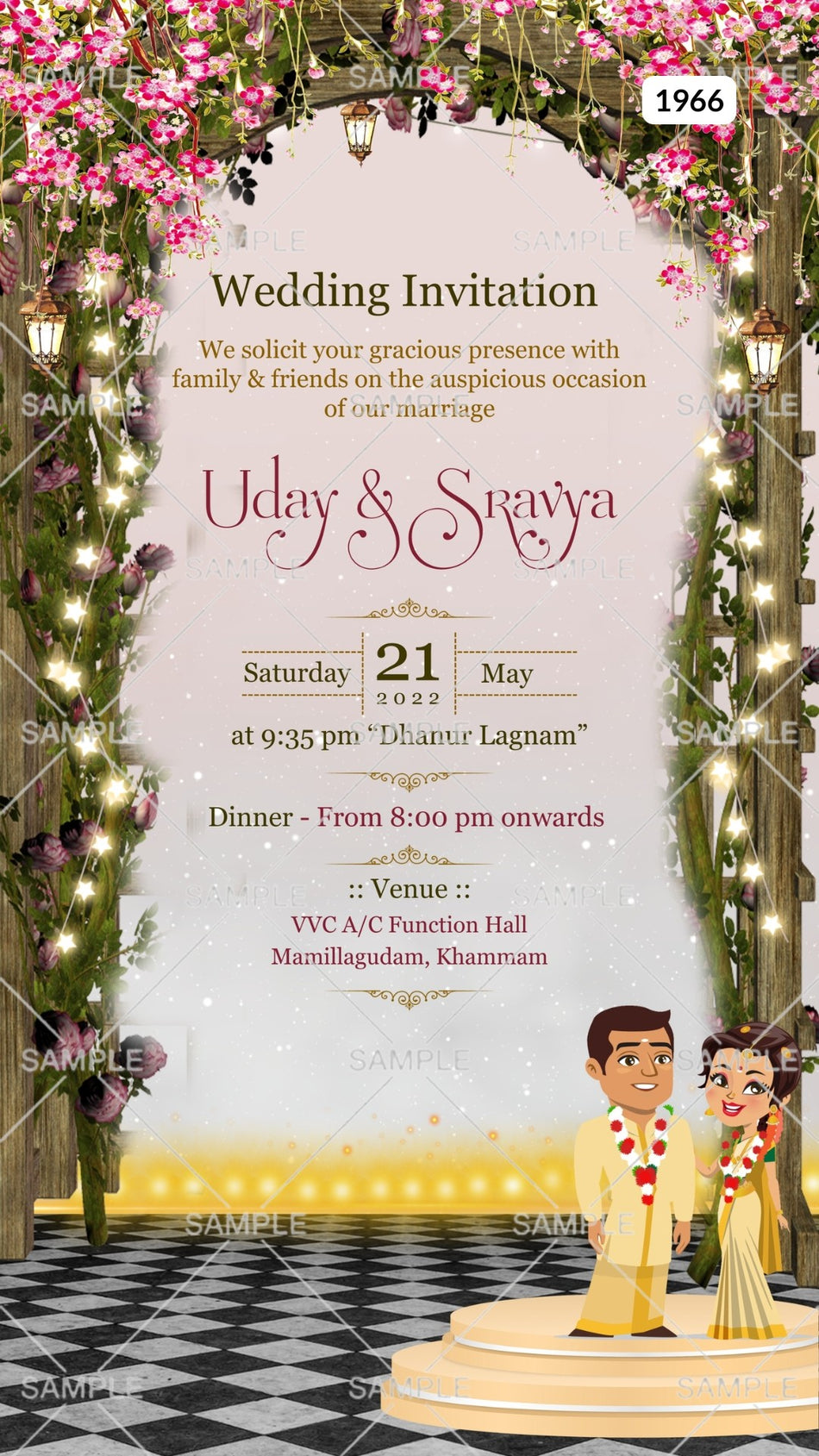 Wedding ceremony invitation card Canva Editable Template of hindu south indian tamil family in english language with floral gate theme design 1966