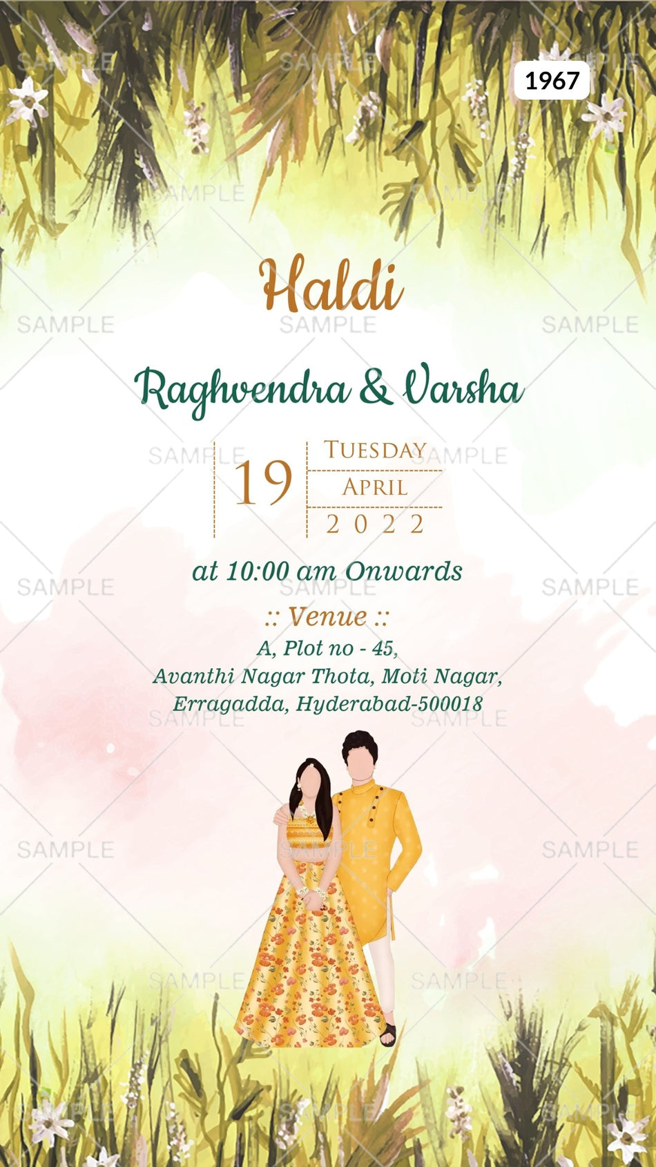 Haldi ceremony invitation card Canva Editable Template in english language with couple doodle, leaves as floral theme design 1967