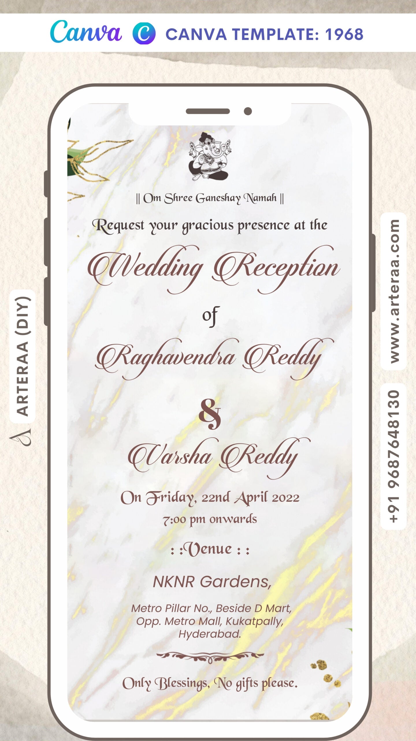 Wedding ceremony invitation card Canva Editable Template of hindu south indian telugu family in english language with minimalistic theme design 1968