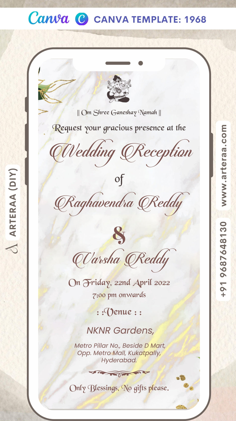 Wedding ceremony invitation card Canva Editable Template of hindu south indian telugu family in english language with minimalistic theme design 1968