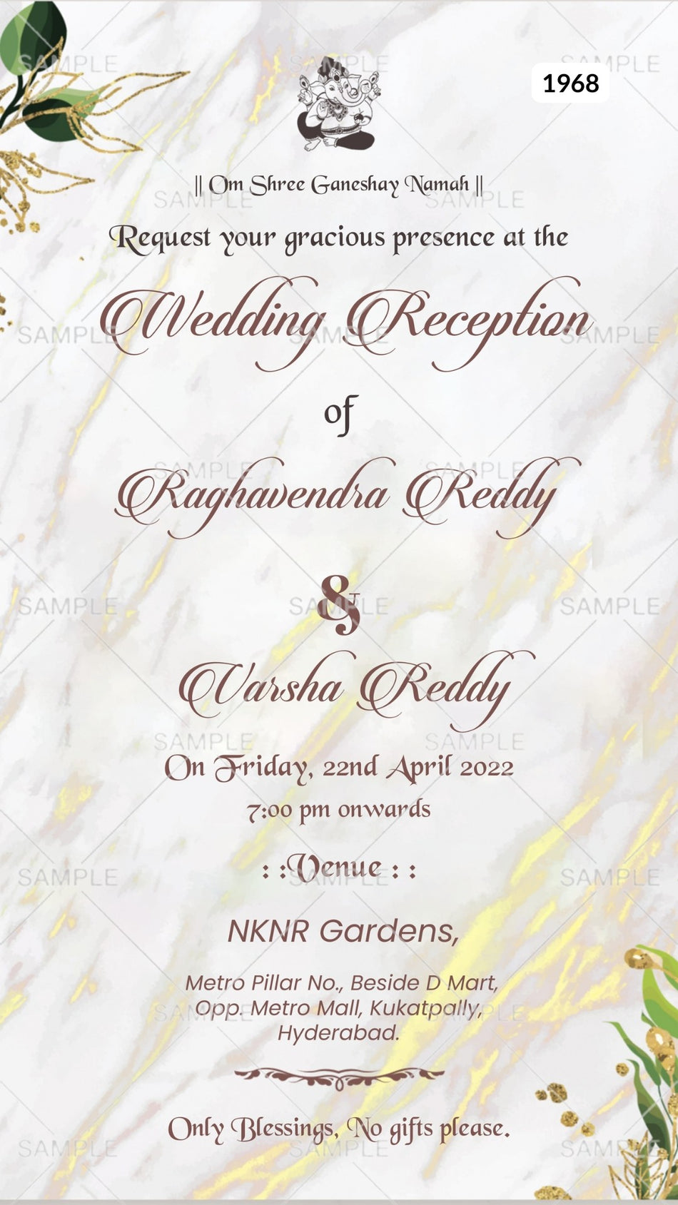 Wedding ceremony invitation card Canva Editable Template of hindu south indian telugu family in english language with minimalistic theme design 1968