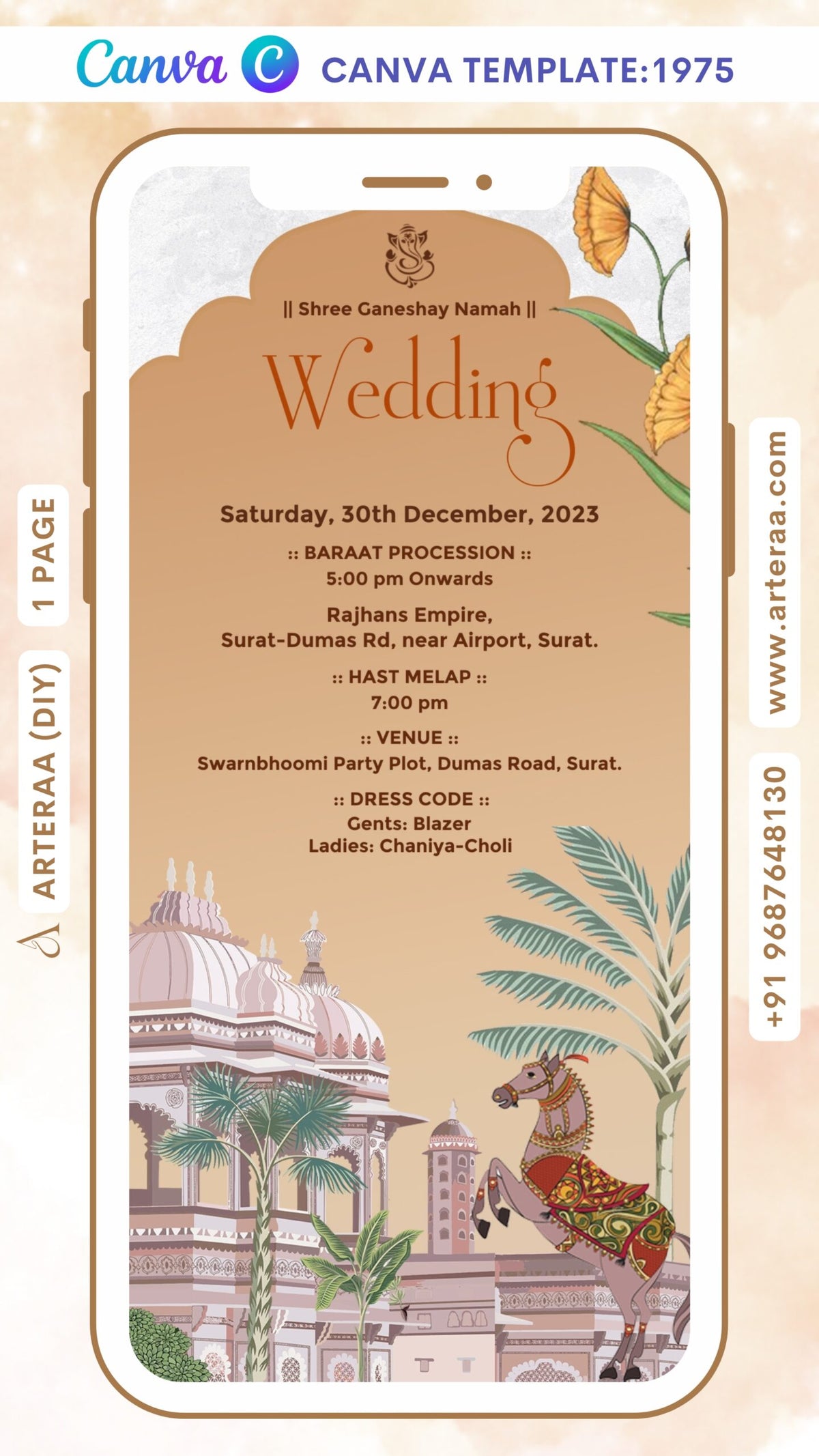 Fuleku Ceremony invitation Canva Editable video Template in gujarati language with hourse, leaves as arch theme design 1975