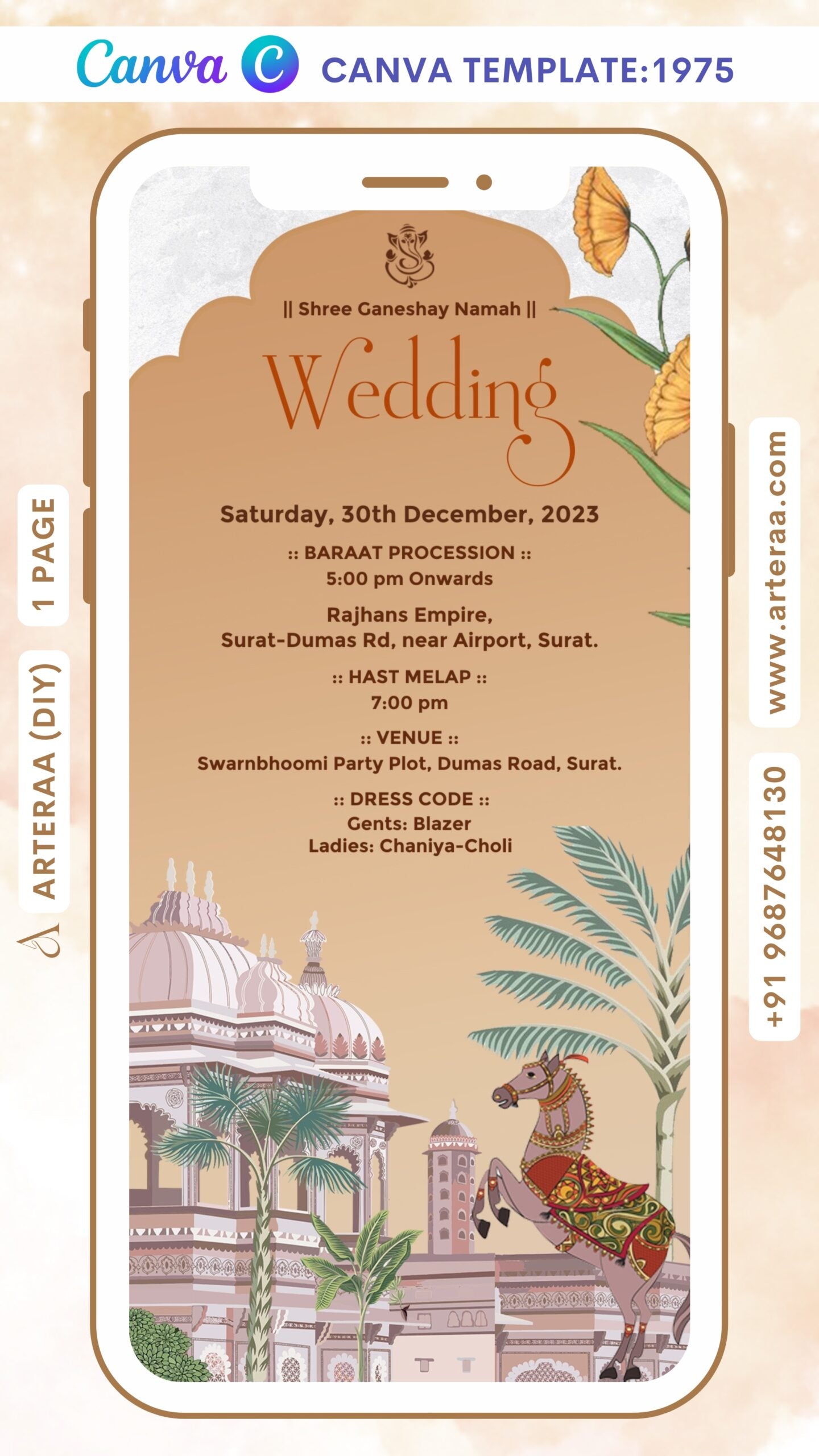 Fuleku Ceremony invitation Canva Editable video Template in gujarati language with hourse, leaves as arch theme design 1975