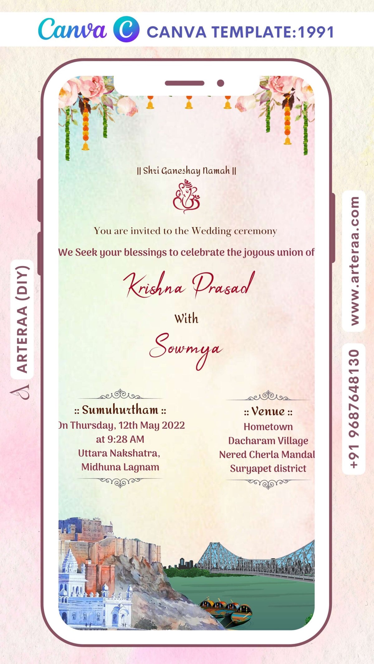Wedding ceremony invitation Canva Editable video Template of hindu south indian telugu family in english language with two state theme design 1991