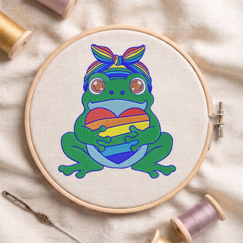 Cute Rainbow Heart Frog Machine Embroidery Design ED 152