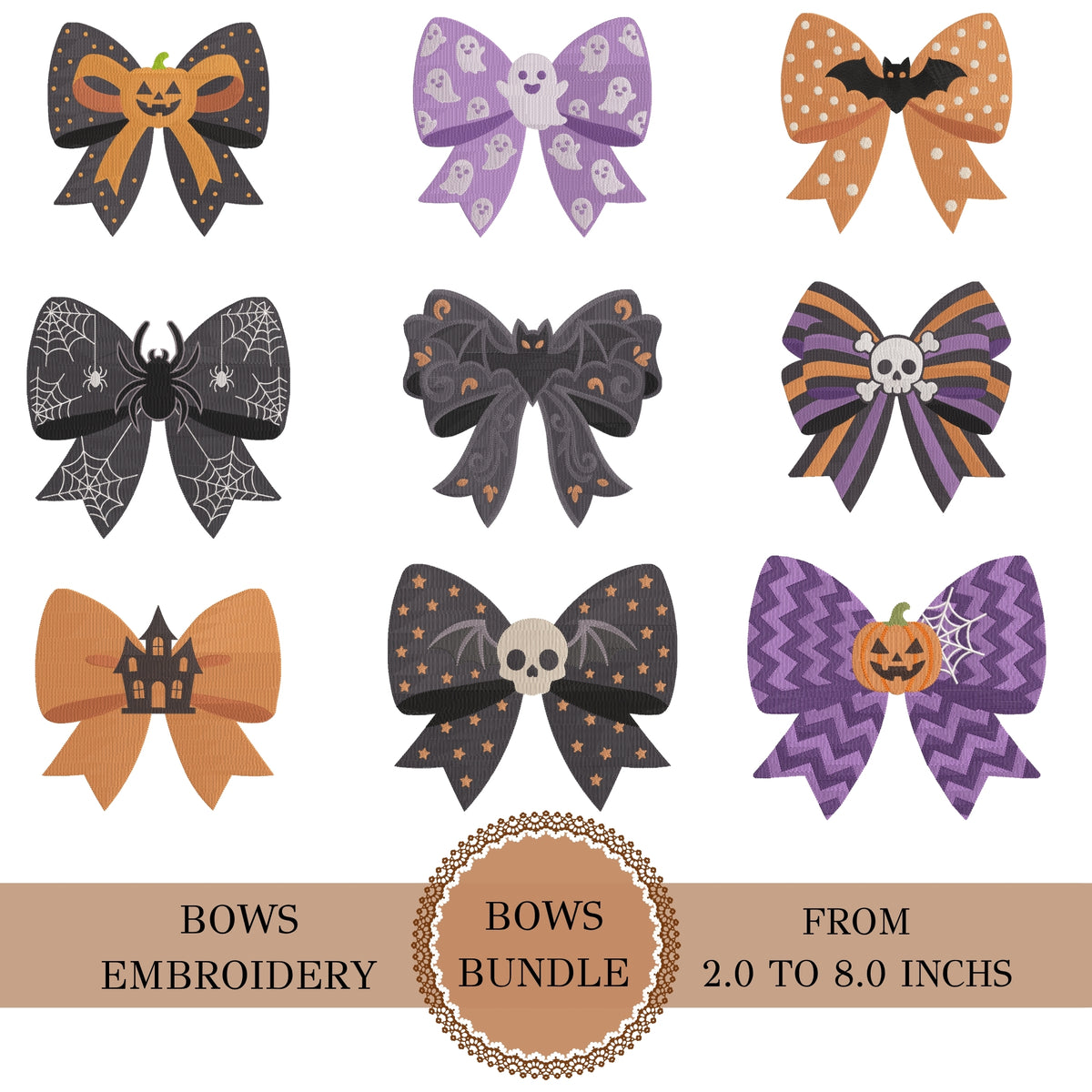 A grid graphic showcasing nine different Halloween-themed bow machine embroidery designs, including pumpkins, ghosts, bats, spiderwebs, skulls, and haunted houses.