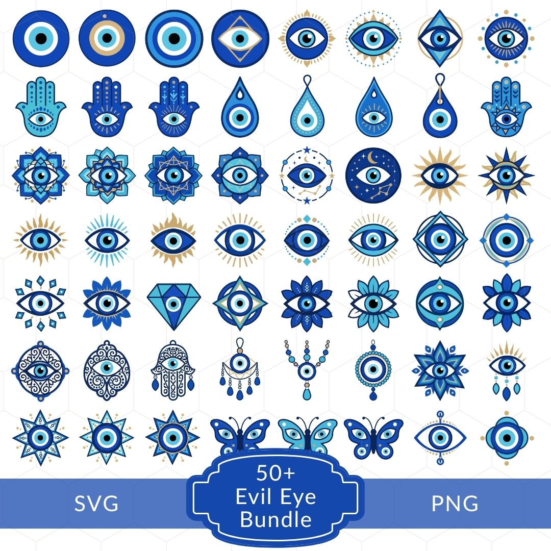A digital preview sheet showing a large collection of blue and white evil eye clipart icons arranged in a grid, with text at the bottom reading 'SVG', '50+ Evil Eye Bundle', and 'PNG'.