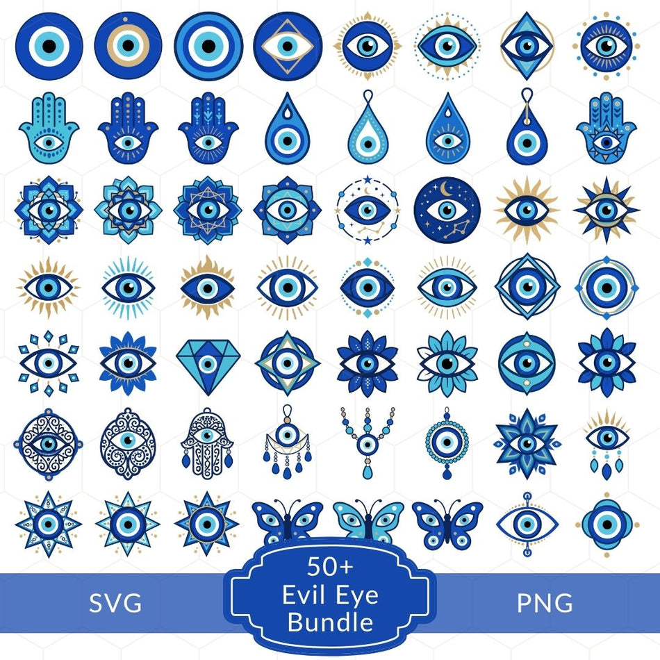 A digital preview sheet showing a large collection of blue and white evil eye clipart icons arranged in a grid, with text at the bottom reading 'SVG', '50+ Evil Eye Bundle', and 'PNG'.