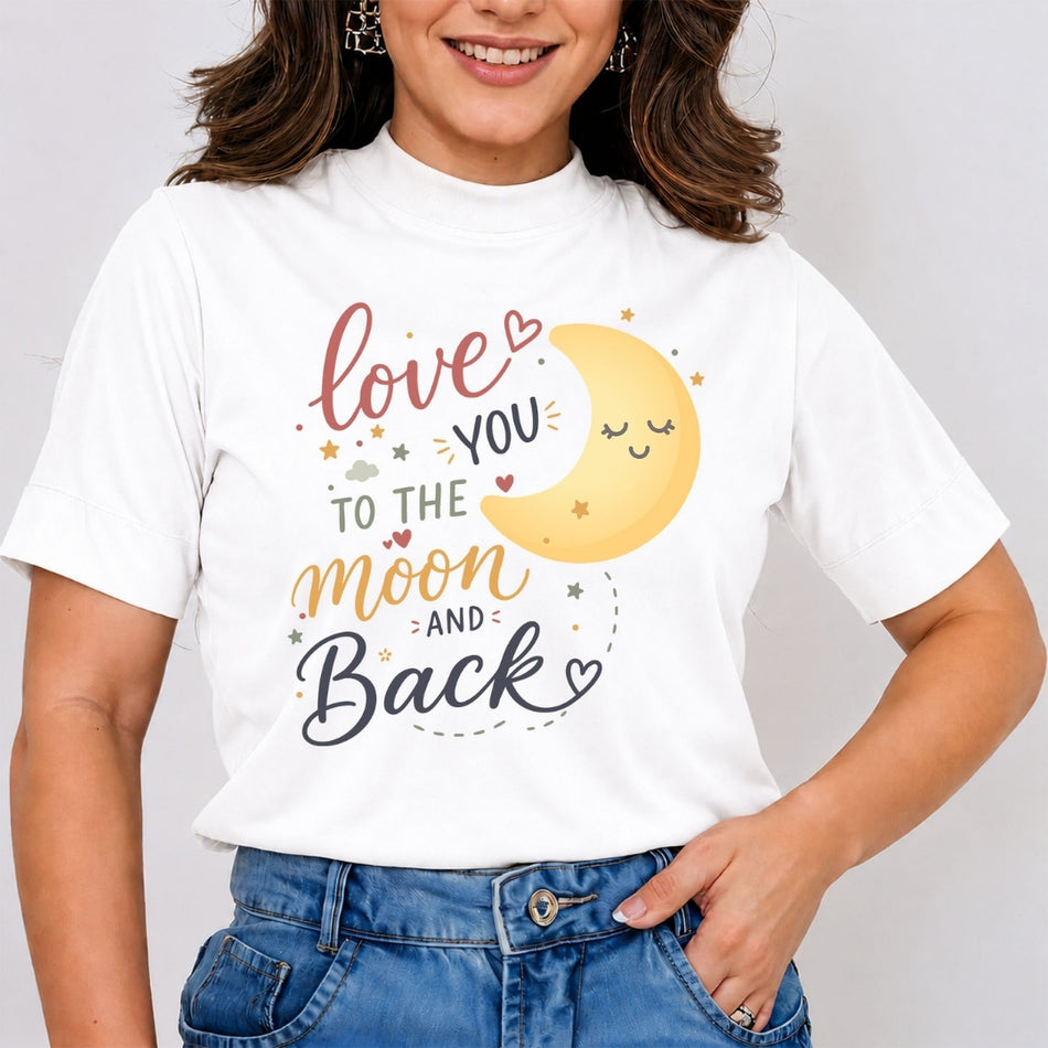 A close-up of a person wearing a white t-shirt featuring a moon graphic and the text "Love you to the moon and back."