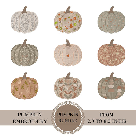A digital preview graphic showing nine pumpkin embroidery designs arranged in a 3x3 grid on a white background, with text banners at the bottom reading 'Pumpkin Embroidery', 'Pumpkin Bundle', and 'From 2.0 to 8.