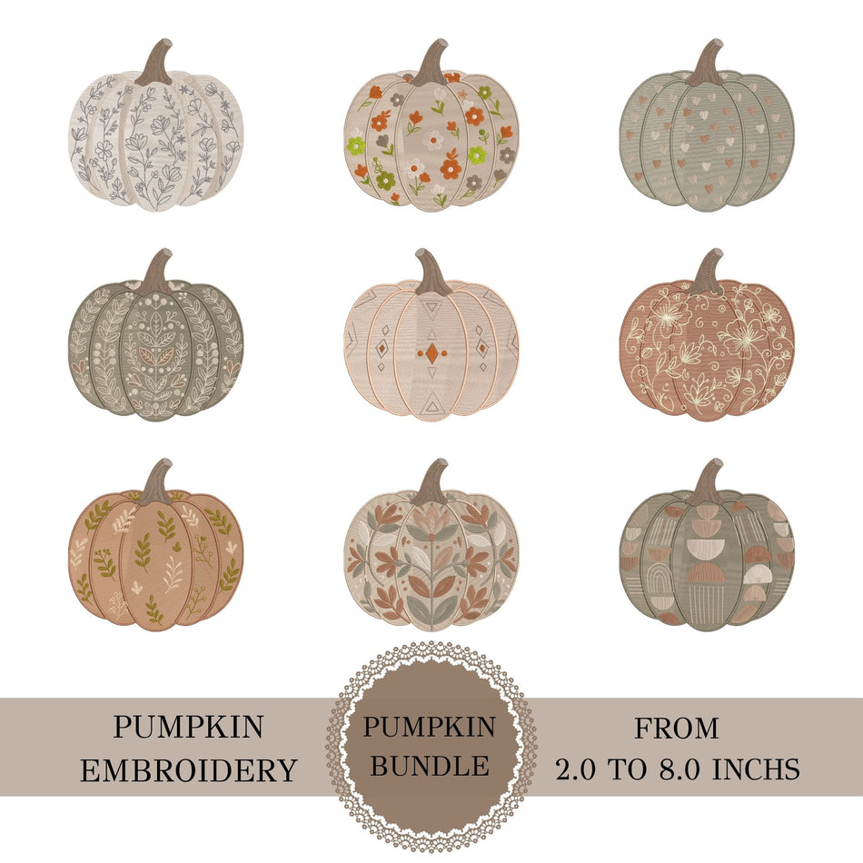 A digital preview graphic showing nine pumpkin embroidery designs arranged in a 3x3 grid on a white background, with text banners at the bottom reading 'Pumpkin Embroidery', 'Pumpkin Bundle', and 'From 2.0 to 8.