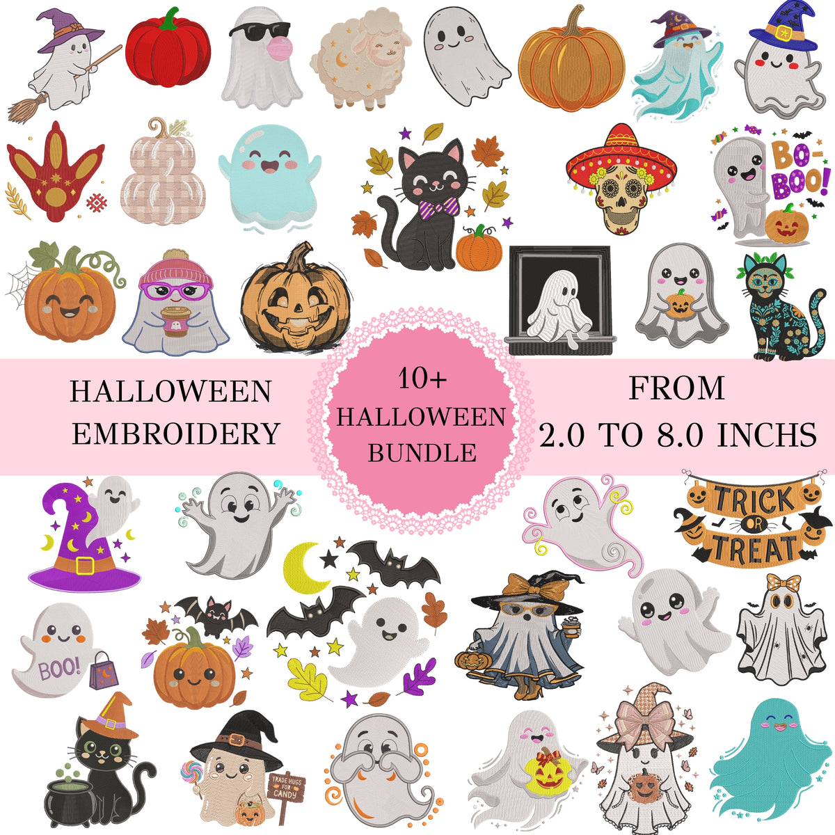A collage of many Halloween-themed embroidery clipart designs on a white background, with pink text banners reading 'HALLOWEEN EMBROIDERY' and '10+ HALLOWEEN BUNDLE FROM 2.0 TO 8.