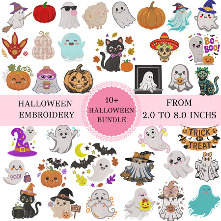 A collage of many Halloween-themed embroidery clipart designs on a white background, with pink text banners reading 'HALLOWEEN EMBROIDERY' and '10+ HALLOWEEN BUNDLE FROM 2.0 TO 8.