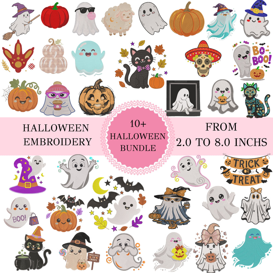 A collage of many Halloween-themed embroidery clipart designs on a white background, with pink text banners reading 'HALLOWEEN EMBROIDERY' and '10+ HALLOWEEN BUNDLE FROM 2.0 TO 8.