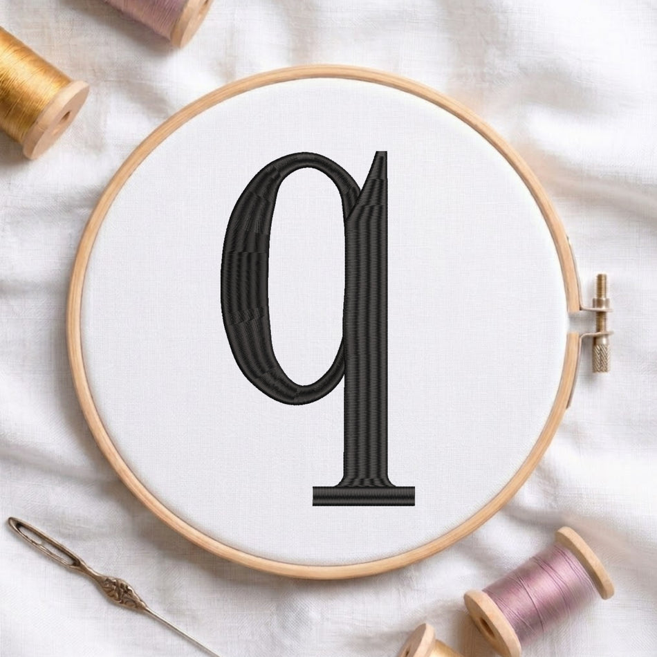 A wooden embroidery hoop holding white fabric with a large black embroidered letter 'q' in the center. The hoop is styled on a white fabric background with spools of thread and a needle nearby.
