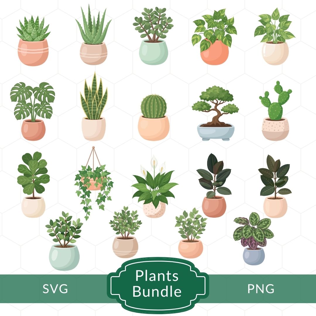 A digital clipart bundle preview showing 20 different illustrated potted plants arranged in a grid on a white background with a green banner at the bottom that reads 'SVG Plants Bundle PNG'.