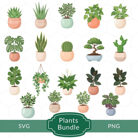A digital clipart bundle preview showing 20 different illustrated potted plants arranged in a grid on a white background with a green banner at the bottom that reads 'SVG Plants Bundle PNG'.