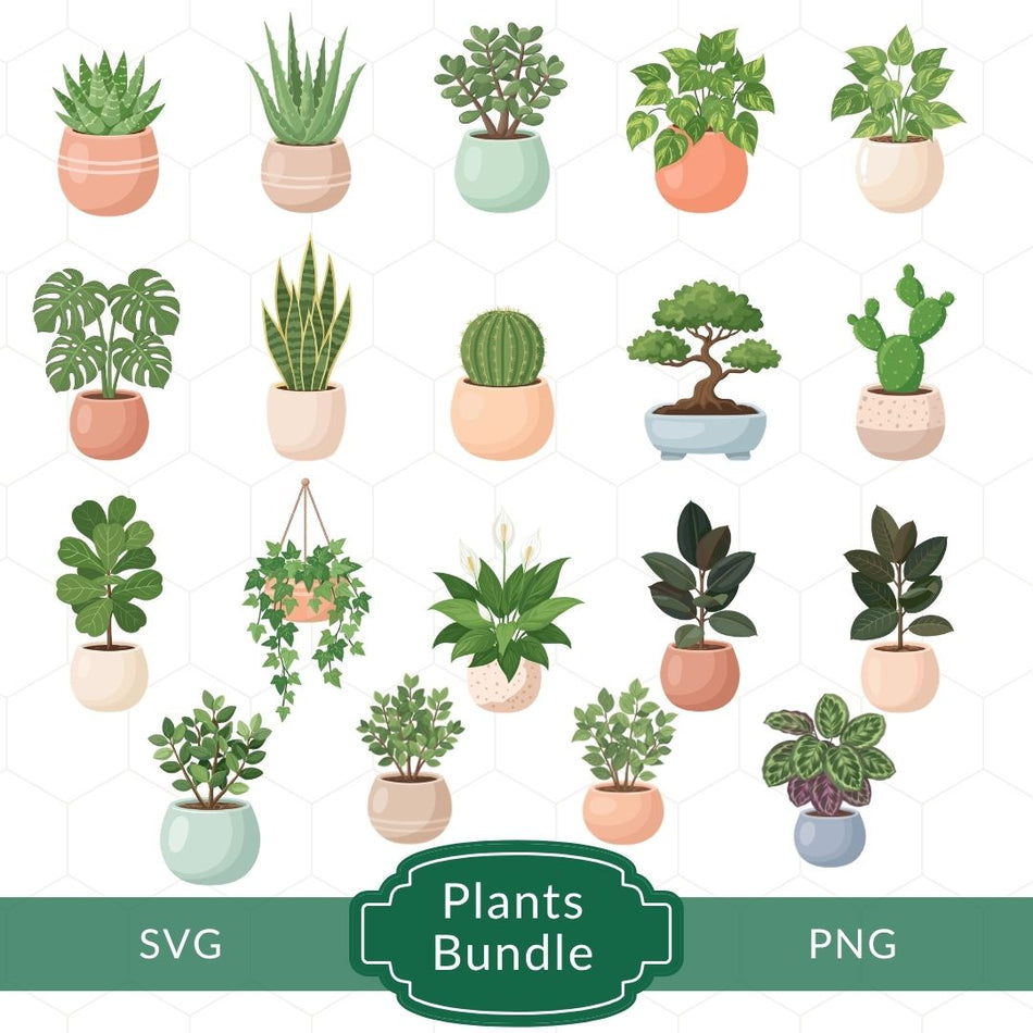 A digital clipart bundle preview showing 20 different illustrated potted plants arranged in a grid on a white background with a green banner at the bottom that reads 'SVG Plants Bundle PNG'.