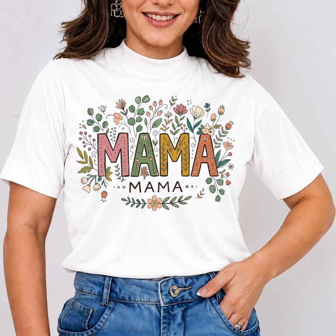 Person wearing a white t-shirt with 'MAMA' design on a plain background