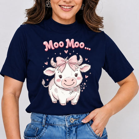 Moo Moo Cow Shirt, Navy Blue High Neck Mockup T-Shirt, Cute Calf with Pink Bow Tee, Whimsical Animal Graphic Apparel, Cottagecore Aesthetic Gift