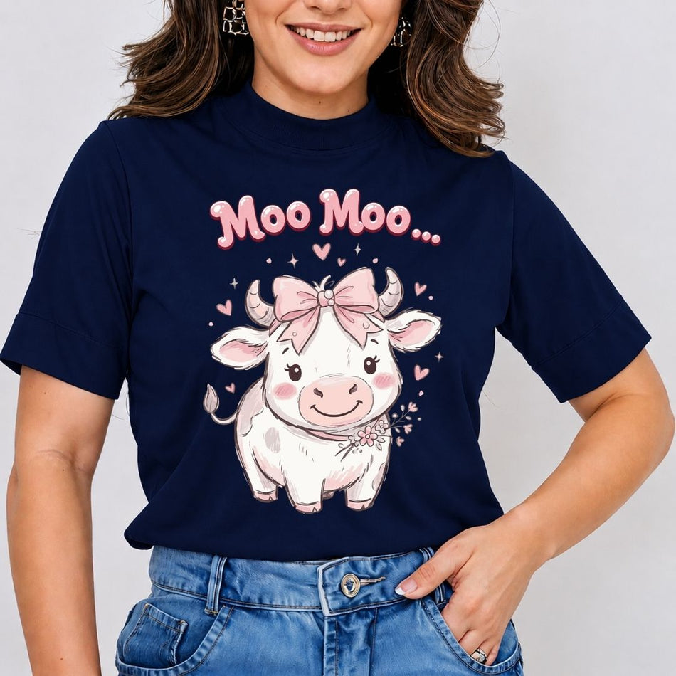 Moo Moo Cow Shirt, Navy Blue High Neck Mockup T-Shirt, Cute Calf with Pink Bow Tee, Whimsical Animal Graphic Apparel, Cottagecore Aesthetic Gift