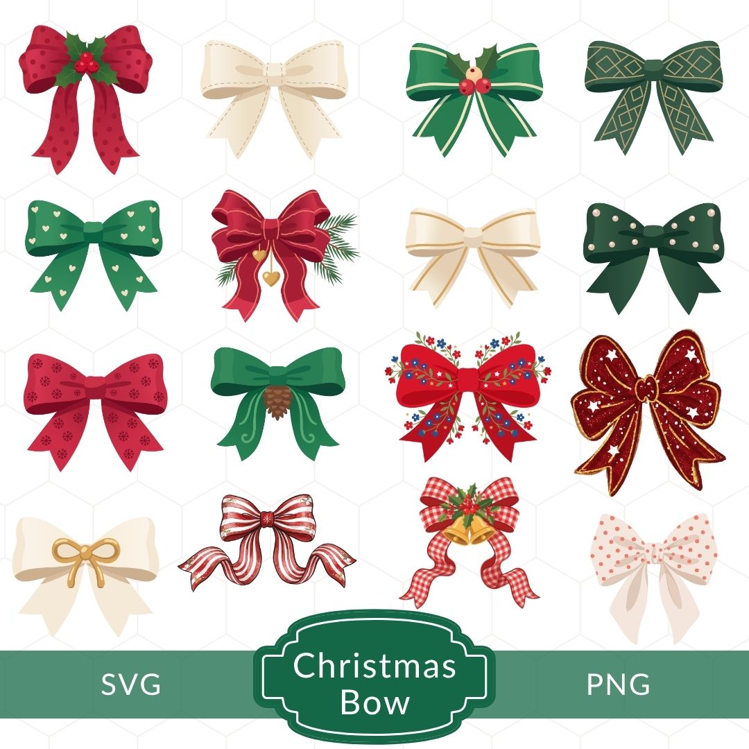 A grid showcase of 16 distinct Christmas bow graphic cliparts in red, green, cream, gingham, and floral patterns, with labels for SVG and PNG formats.