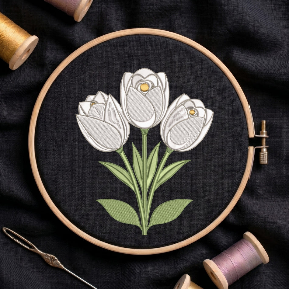 Elegant White Tulip Trio Botanical Machine Embroidery Design ED 258