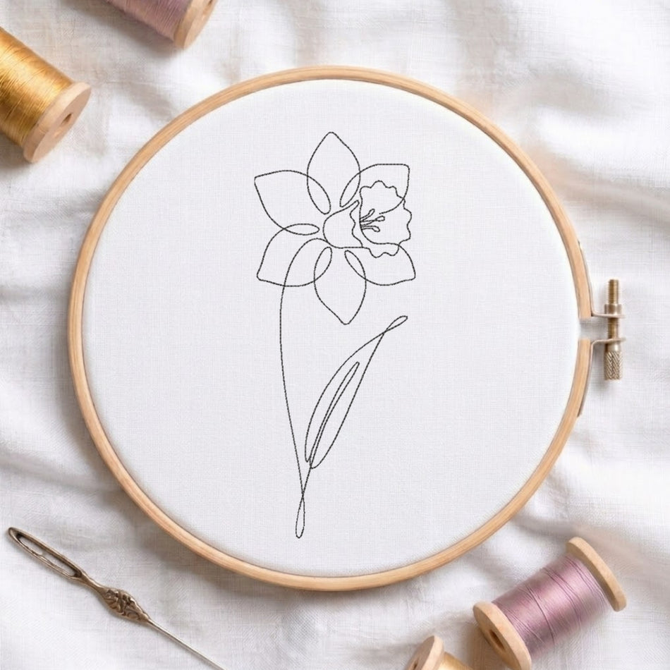 Minimal floral embroidery line art design in hoop frame