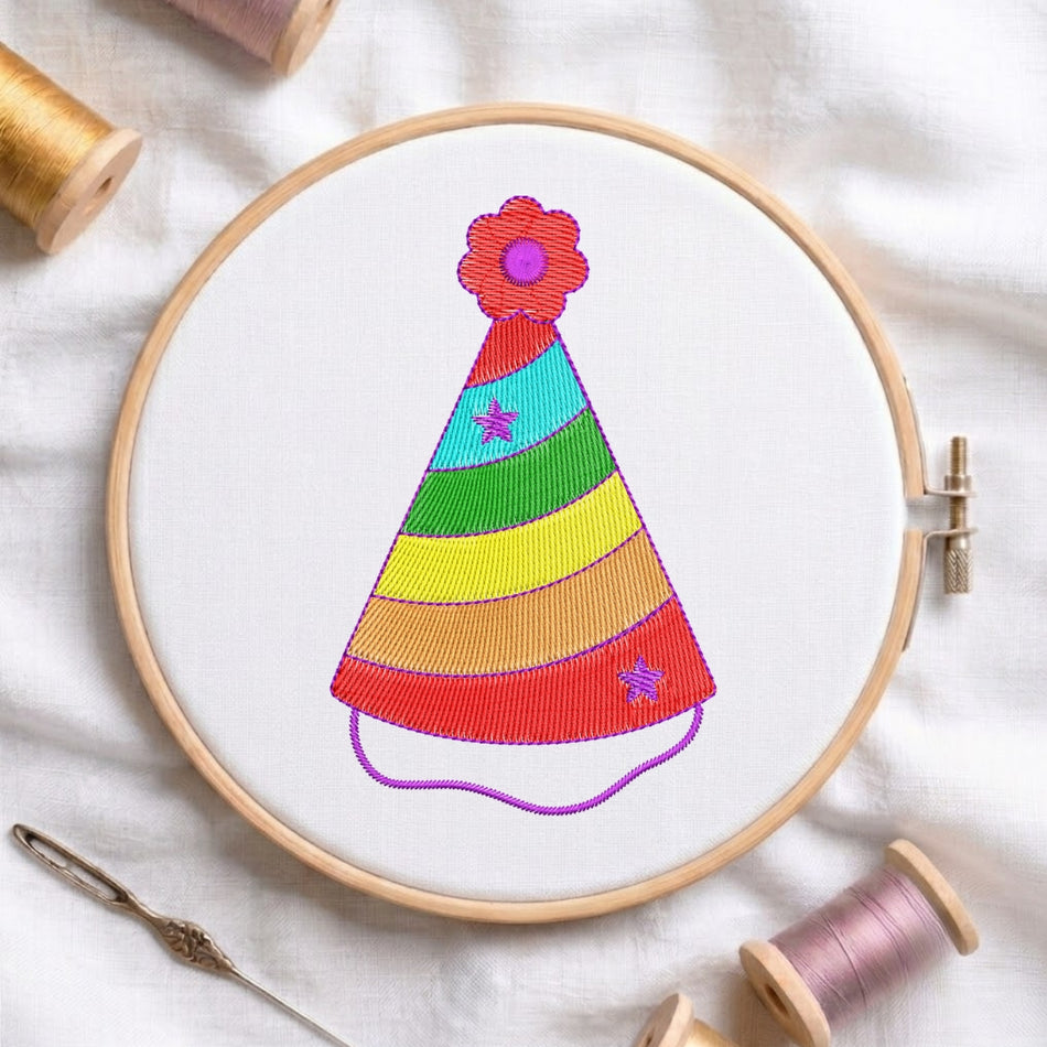 Festive Rainbow Striped Party Hat Machine Embroidery Design ED 195