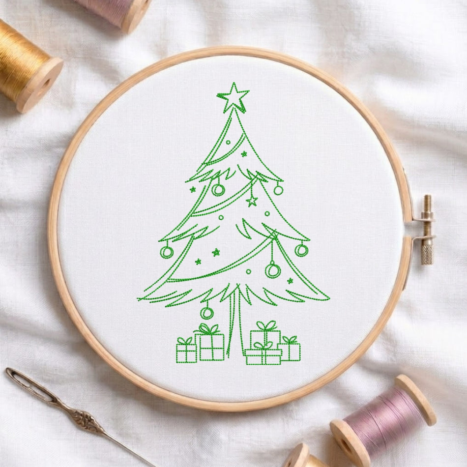 The "Sip, Relax, Repeat" embroidery design centered in a wooden embroidery hoop, surrounded by embroidery thread spools and a needle.