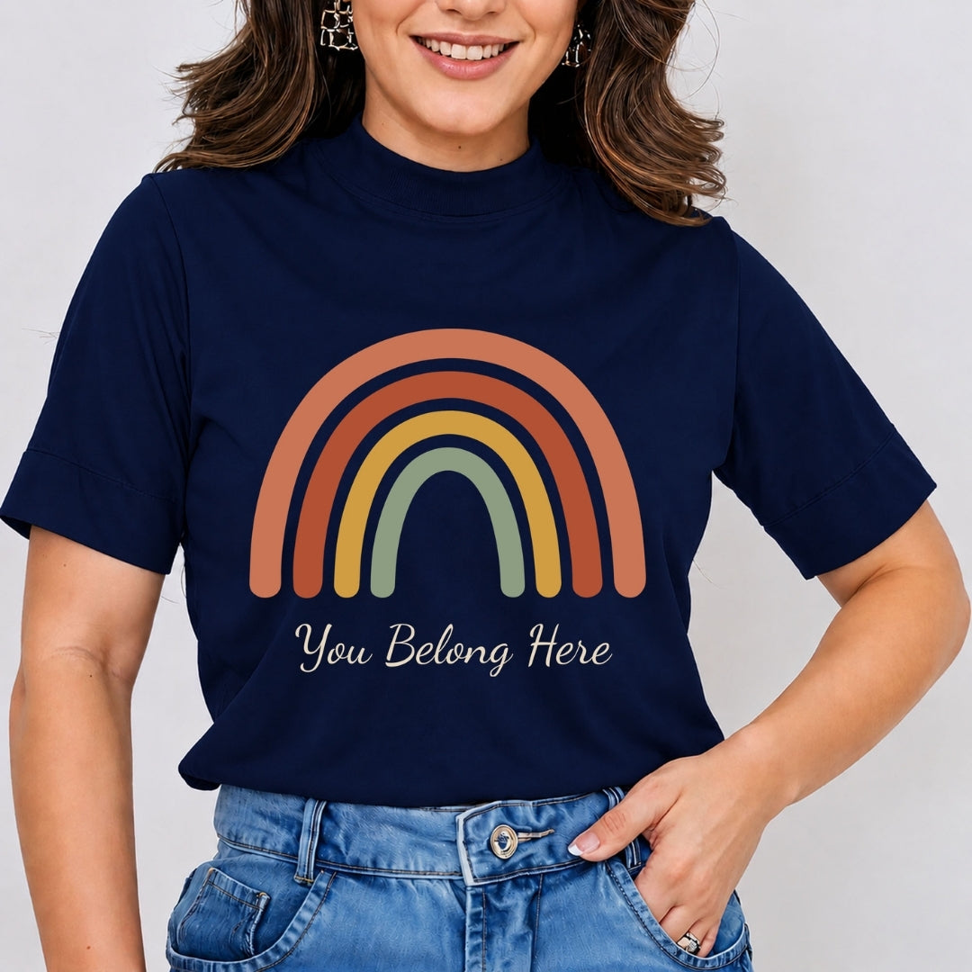 Women's Navy Blue T-Shirt with Boho Rainbow Graphic