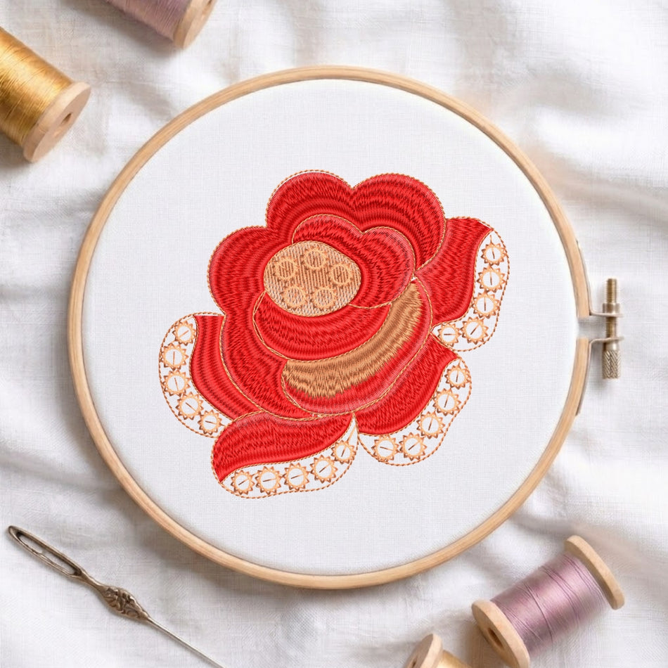 Elegant Ornate Rose with Scalloped Lace Edges Embroidery Design ED 207