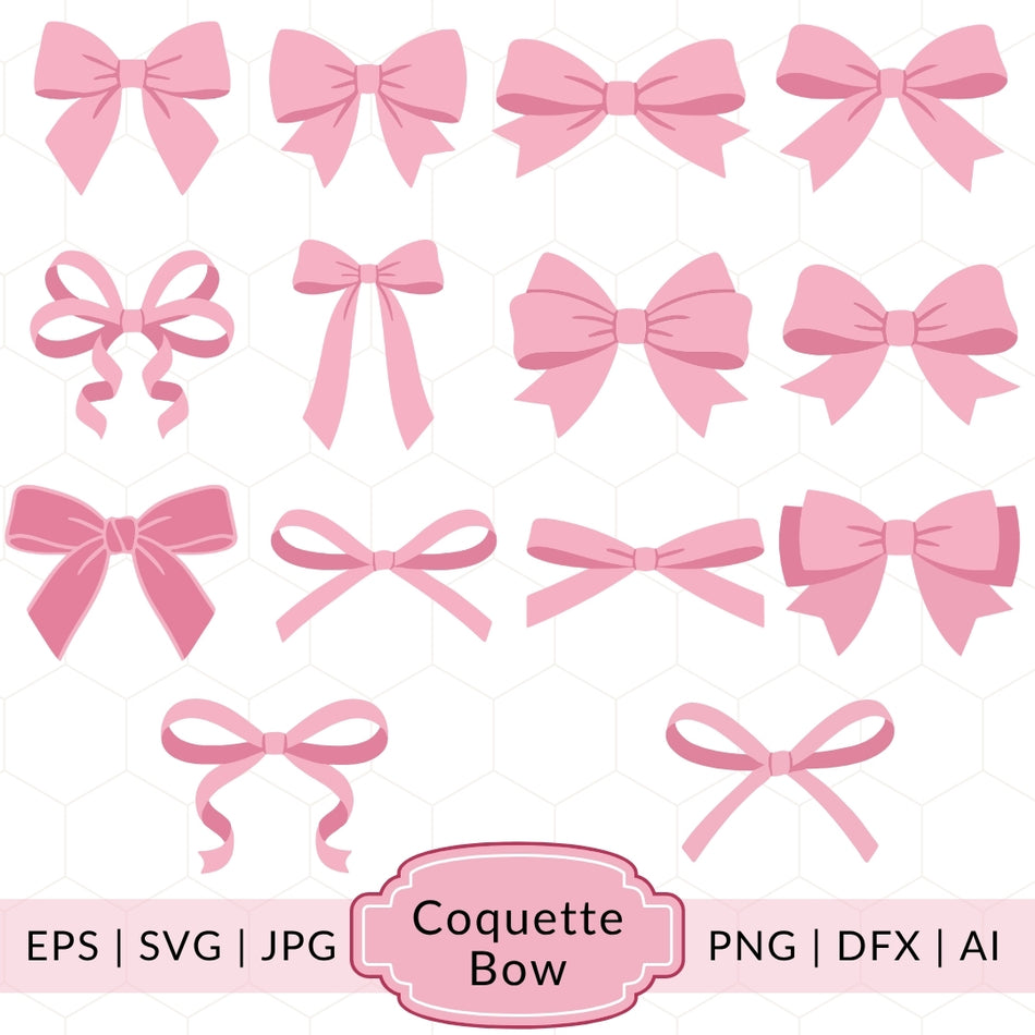 A digital preview sheet showing multiple pink coquette ribbon bows arranged on a white background with a faint hexagon pattern. A pink banner at the bottom reads 'EPS | SVG | JPG | Coquette Bow | PNG | DFX | AI'.