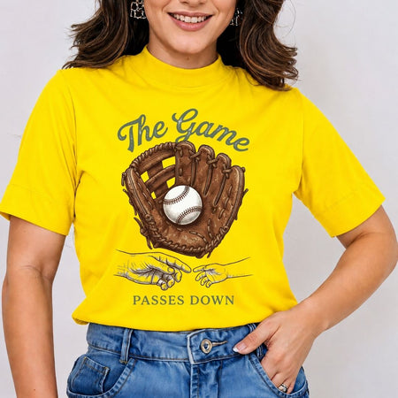 Women's Yellow T-Shirt with Baseball Passes Down Graphic