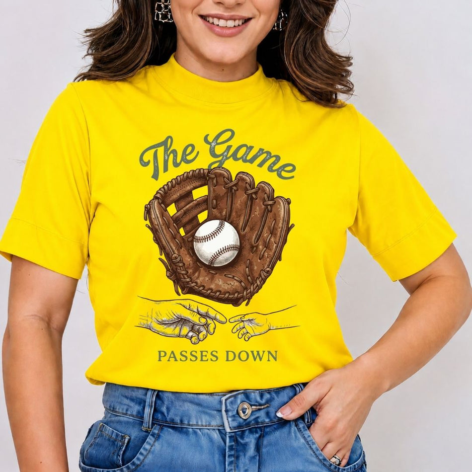 Women's Yellow T-Shirt with Baseball Passes Down Graphic