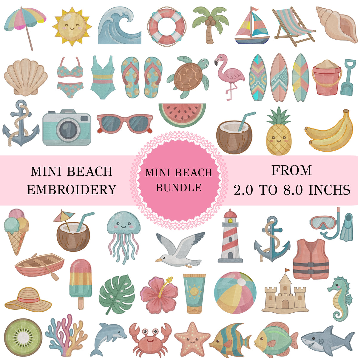 A collage of small beach-themed embroidery designs arranged on a white background, with pink text banners reading 'MINI BEACH EMBROIDERY' and 'FROM 2.0 TO 8.