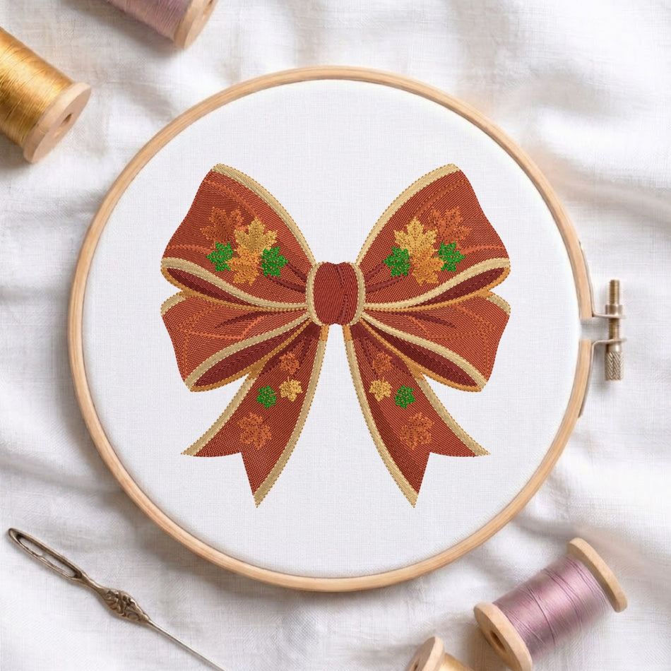 Elegant Autumn Leaves Bow Machine Embroidery Design - ED 336