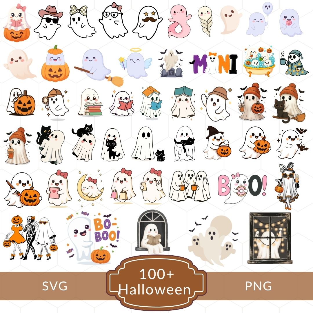 A sheet of Halloween-themed digital clipart featuring numerous cute cartoon ghost designs in different expressions and outfits, along with pumpkins, bats, moons, and spooky decorations. The image includes a brown banner at the bottom with the text 'SVG 100+ Halloween PNG'.