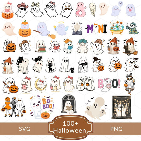 A sheet of Halloween-themed digital clipart featuring numerous cute cartoon ghost designs in different expressions and outfits, along with pumpkins, bats, moons, and spooky decorations. The image includes a brown banner at the bottom with the text 'SVG 100+ Halloween PNG'.