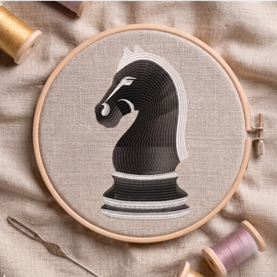 Classic Black Chess Knight Strategy Machine Embroidery Design ED 205