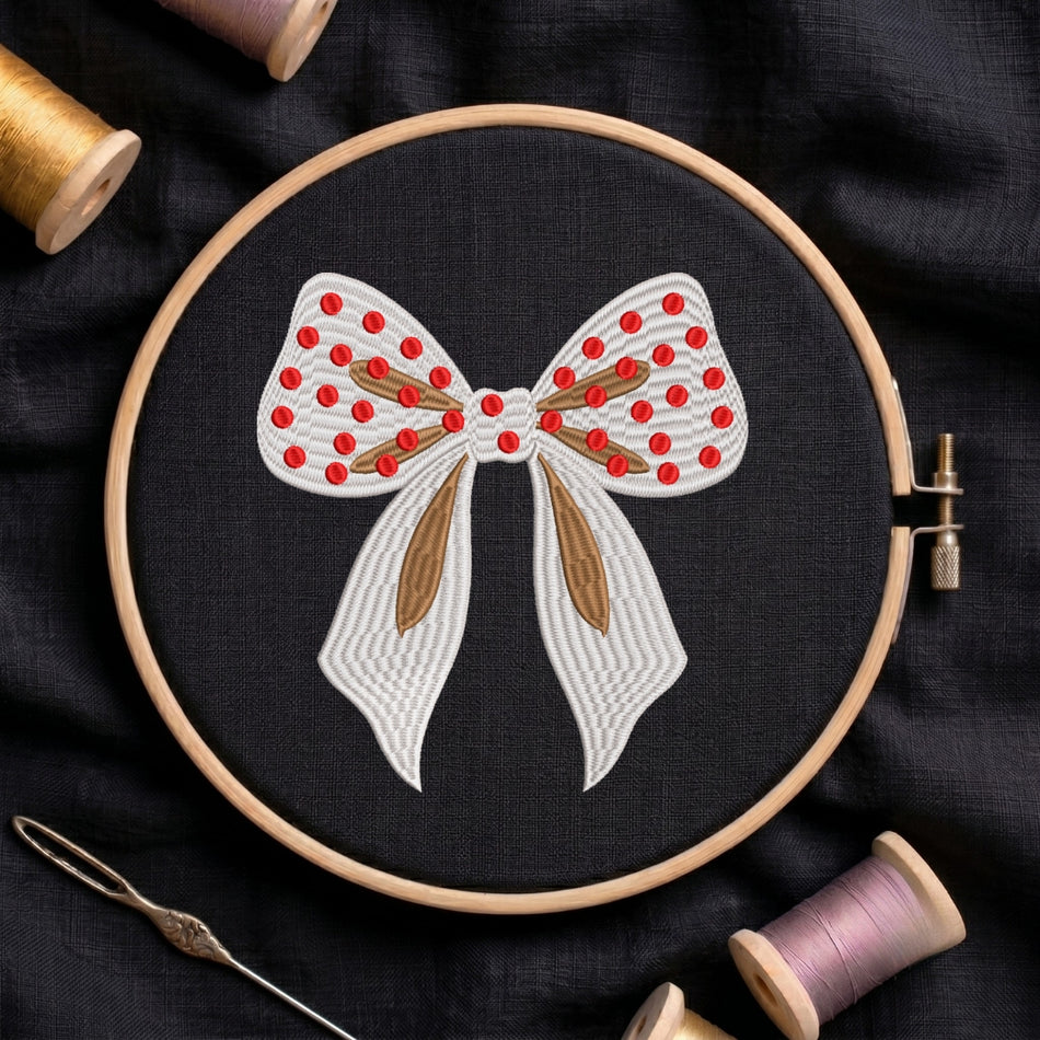 A circular embroidery hoop holding black fabric with a bow design stitched in white, red, and brown thread, surrounded by spools of thread and a needle on a dark fabric background.