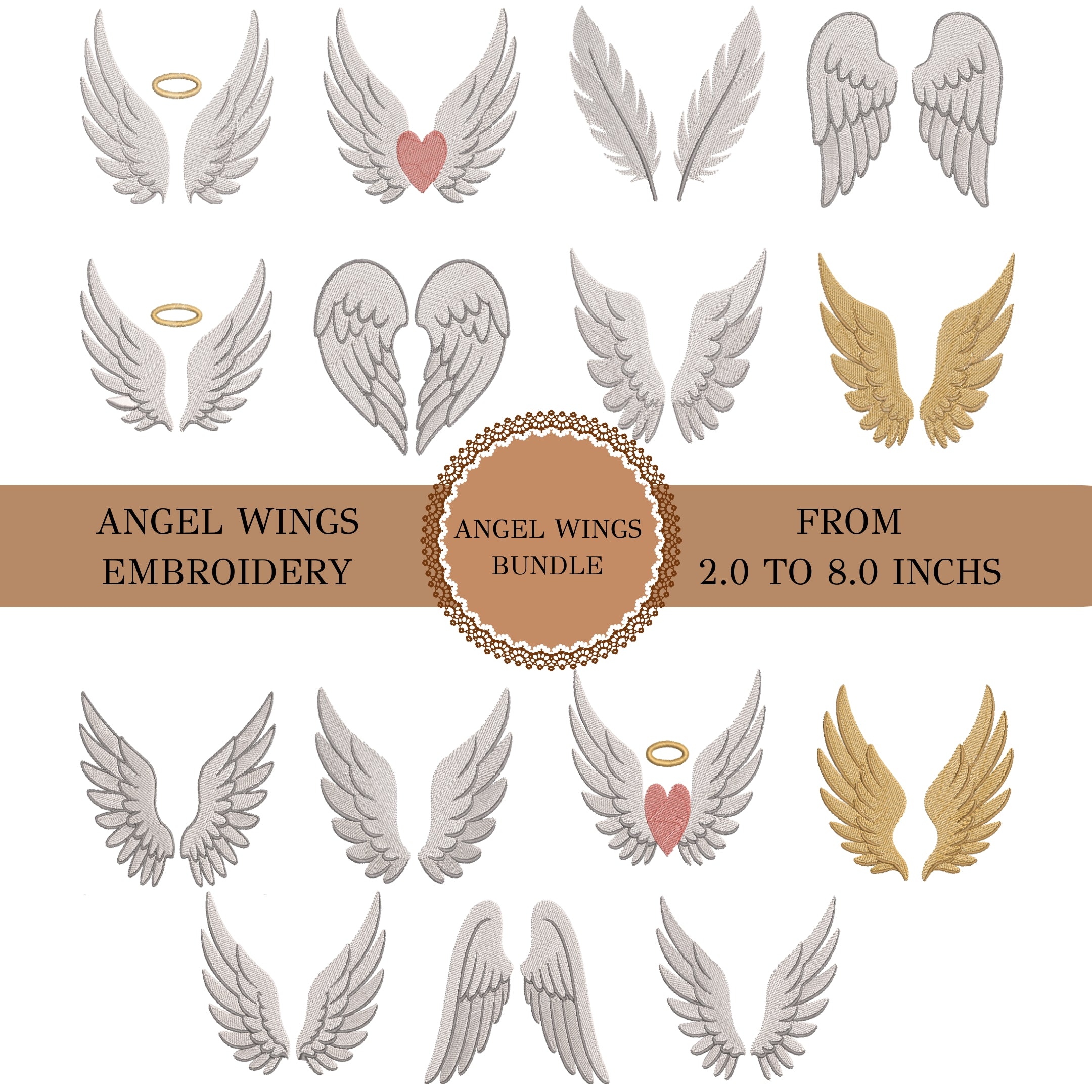 A digital preview sheet showing multiple embroidered angel wing designs in white and gold, with one pair featuring a small pink heart. Text across the center reads 'ANGEL WINGS EMBROIDERY' and 'FROM 2.