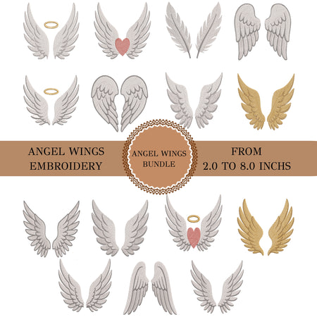 A digital preview sheet showing multiple embroidered angel wing designs in white and gold, with one pair featuring a small pink heart. Text across the center reads 'ANGEL WINGS EMBROIDERY' and 'FROM 2.